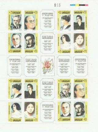 Uruguay.  Iv.  1316/9.  Famous Uruguayan Poets.  Full Sheet Never Hinged.