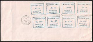 Seychelles,  1977,  Blue Postage Paid Stamps,  8 Values On One Cover,  Scarce Item.