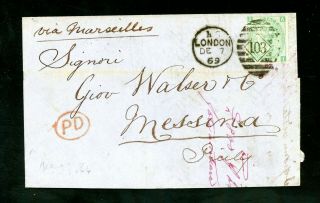 1869 Cover London To Italy 1s Green Plate 4 (au655)