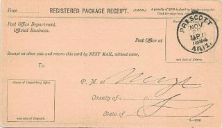 1894 Prescott,  Arizona Territory Cancel On Post Office Registered Mail Postcard