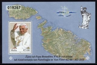 Malta 2010 Visit Of Pope Benedict Xvi Miniature Sheet Sg Ms1665 Unmounted
