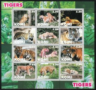 Souvenir Sheet Of 12 Mnh Stamps Tigers.  Tiger.  Wild Cats.  Wwf 2004