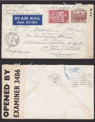 Canada 1940 Censored Clipper Air Mail Cover To England Letter