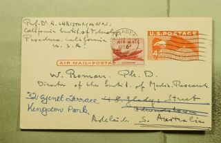 Dr Who 1956 Pasadena Ca Uprated Airmail Postal Card To Australia E49375