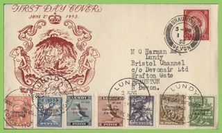 Lundy / Guernsey 1953 Coronation Set On First Day Cover,  2½d Qeii Wilding To Cov