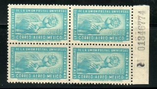 396 Mexico Sc C204 Block 4 Number Plate Mnh 75 Anniv.  Upu Issued 1950