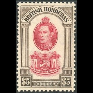 British Honduras 1938 - 47 $5 Scarlet & Brown.  Sg 161.  Lightly Hinged (am610)