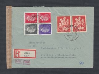 Germany 1943 Wwii Registered Censored Cover Jena To Vaduz Liechtenstein
