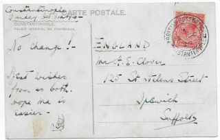 1920 British Post Office Constantinople Kgv 1d Red Ppc - Ipswich Gb