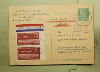 Dr Who 1958 Germany Zschorlau Pair Uprated Postal Card Airmail To Usa E43786