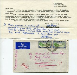 Tokelau Island 1963 Airmail Cover To Zealand - Forwarded To Fiji - Contents