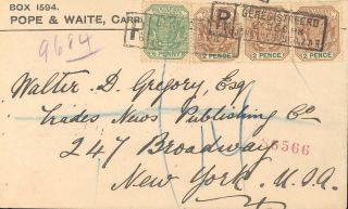 1898 Registered Cover,  South Africa To Ny,  Examiner " C "