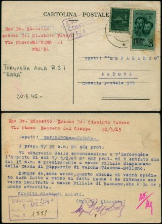 B443 Italy Postcard Bassano Del Grappa Padova 1945 Scarce Cancellation