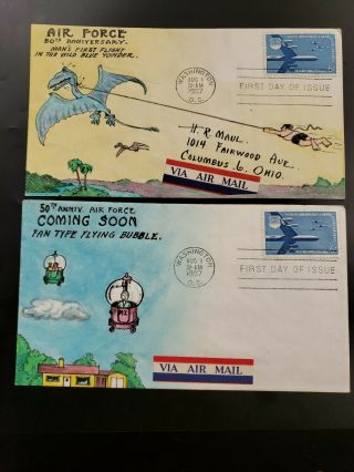 1957 Us Fdc Fun Space Air Force Cachet Hand Painted Herman Maul X 2