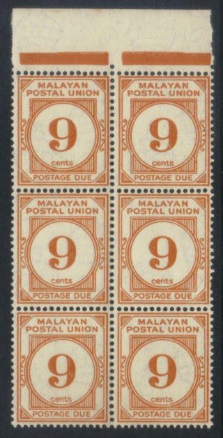 Malaya Postal Union 1945 - 1949 Postage Due Sgd11 Mnh Marginal Block Of 6 Cat £240