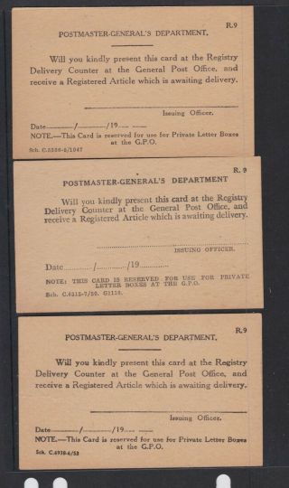 3 Old Australia Post Office Registered Mail Delivery Notification Cards 1947 - 53