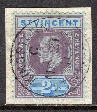 St.  Vincent Kevii 1904 - 11 2s Purple & Bright Blue/blue Sg91 On Piece Cat £50