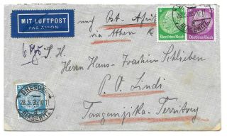Germany Postal History Reich Airmail Cover Addr Tanganjika Africa Canc Yr 