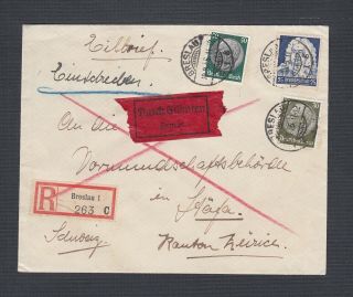 Germany Poland 1935 Registered Express Cover Breslau Wroclaw To Switzerland