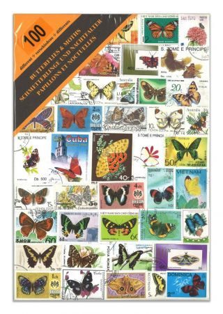 100 Different Butterflies & Moths Stamps Thematic Window Display Packet