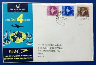 1959 Boac First Flight London To Singapore Air Mail Cover India To Rome Italy