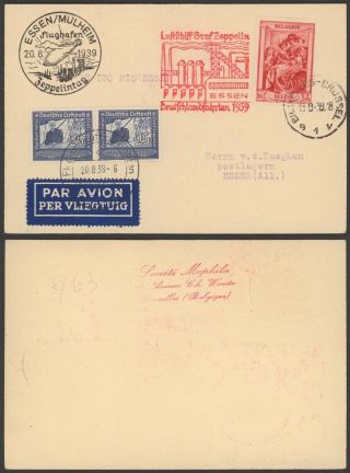Germany 1939 - From Belgium - Zeppelin Flight Air Mail Postard Essen D91