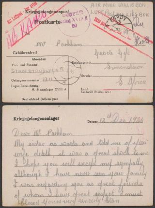 Germany Wwii 1945 - Pow Postcard Stalag Xviiia To South Africa - Censor 34820/7