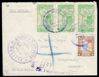 Bolivia 1942 Registered Airmail Cover W/stamps From La Paz To England