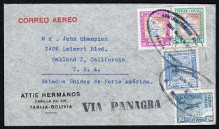 Bolivia 1945 Airmail Cover W/stamps From Tarija (26.  3.  45) To Usa Via Panagra