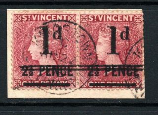 St Vincent 1885 1d On 2 1/2d On 1d Pair Fine On Piece Sg 48 Cat £70