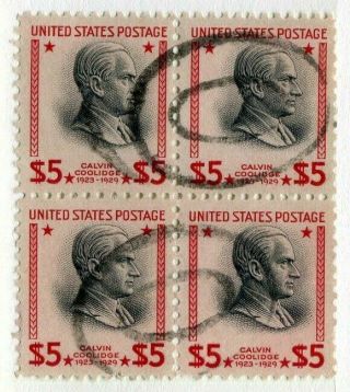 1938 U.  S.  Scott 834 Five Dollar Coolidge Block Of 4 Stamps