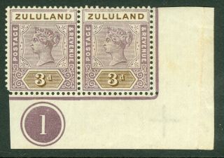 Sg 23 Zululand 1891.  3d Dull Mauve & Olive Brown,  Corner Marginal Control Pair.