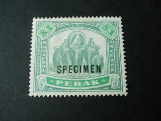 Malaysia Perak $1 One Dollar Green On Pale Green Specimen Revenue 1896
