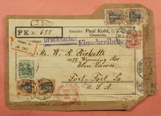 Dr Who 1910 Germany Parcel Piece Chemnitz Registered To Usa 118248