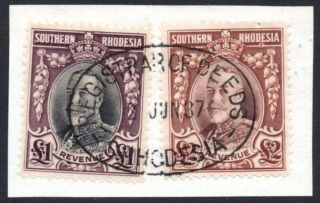 Southern Rhodesia Revenue 1931 £1 & £2 On Piece,  Barefoot 12/13