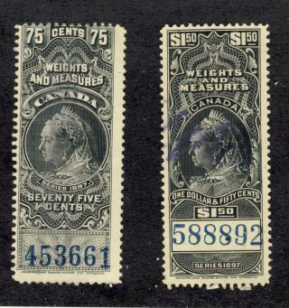 2x Canada Revenue Stamp Weights & Measures 1897 Victoria 75c - $1.  50 Cv=$20.  00