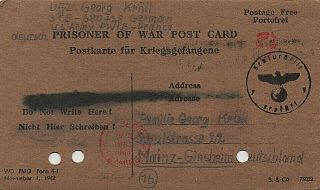 1944 German Prisoner Of War Postcard To Family