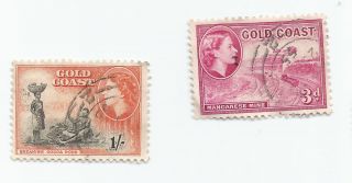 Gold Coast; 1952 - 1954 Local Motifs - Mine,  Cocoa,  Queen Elizabeth Ii 2 Values S