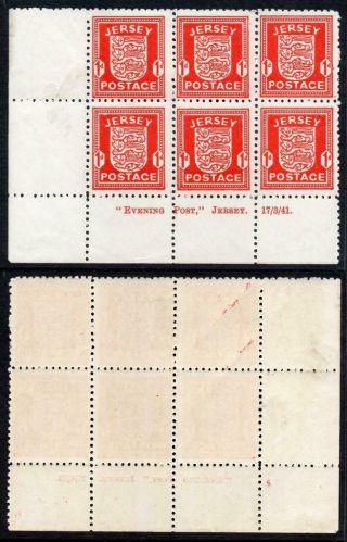 Jersey Mnh 1941 1d Scarlet Thick Paper Corner Block Of Six