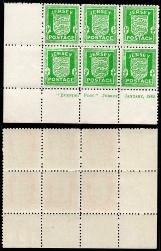 Jersey Mnh 1941 1/2d Bright Green Thick Paper Corner Block Of Six