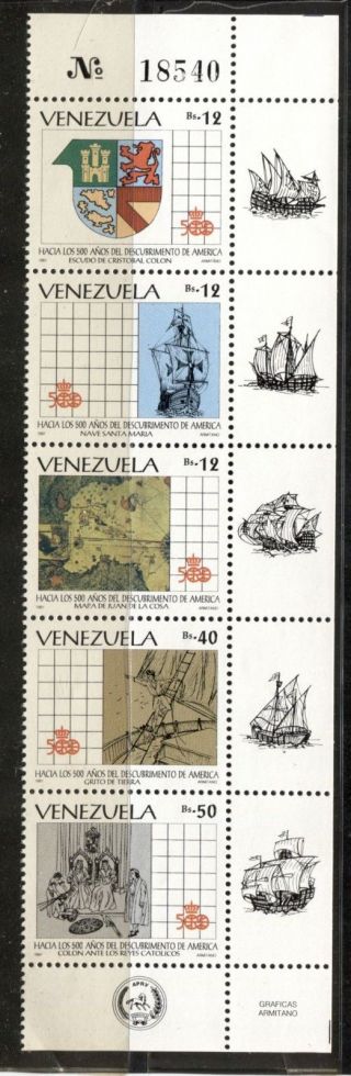 Venezuela 1991,  Columbus,  Discovery Of America,  Scott 1468 Strip Of 5,  Mnh