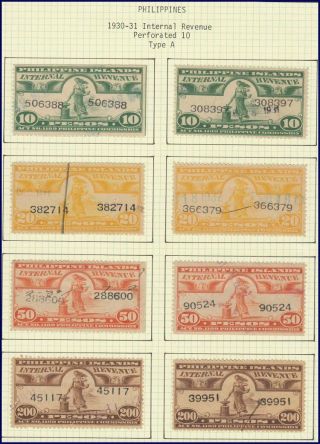 (g2770) Philippines - Usa.  1930 - 31 Internal Revenue Stamps.  Type A,  Perf10