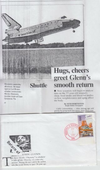 1998 Providence Ri John Glenn Returns To Space W/ Newspaper Article Insert Gem