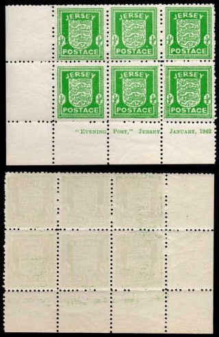 Jersey Mnh 1941 1/2d Green Block Of 6 On Thin Paper