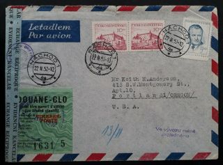 Rare 1952 Czechoslovakia Censor Airmail Cover Ties 3 Stamps Nachod Customs Label