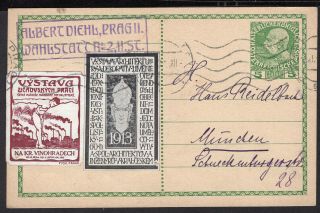 Austria To Germany Ps Stationery Postal Card 1913 Czech Cinderella Praha