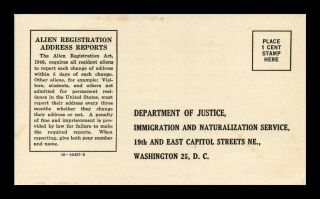 Dr Jim Stamps Us Department Of Justice Alien Registration Postcard 1951