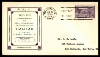 Canada Fdc 1949 Halifax Bicentennial 4c Issue Jcr Cachet On Unsealed Fdc