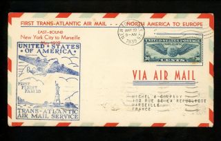 Us Postal History Airmail Fam 18 York Ny To Marseilles France Retour Ny 1939