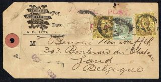 1893 Parcel Tag,  Label London To Belgium Qv 1/ - Green,  2 X 3d Perfin.  Red 35